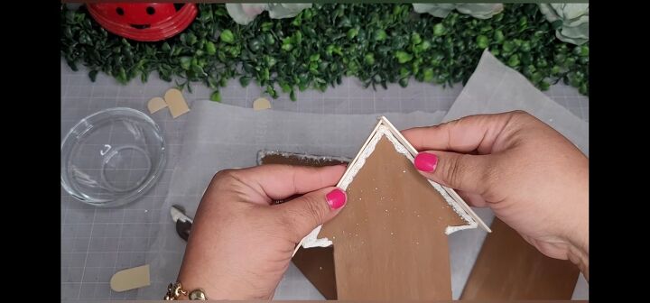 farmhouse gingerbread homestead dollar tree diy, Give the tops of the arrows a roof line