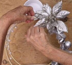 5 simple steps to make a stunning embroidery hoop centerpiece, Adding a pearl branch to the holiday d cor piece