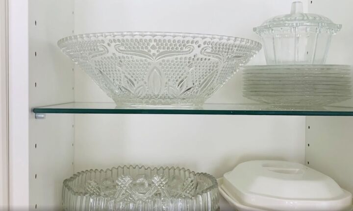 reverse decoupage bowl, Pressed glassware in cabinet