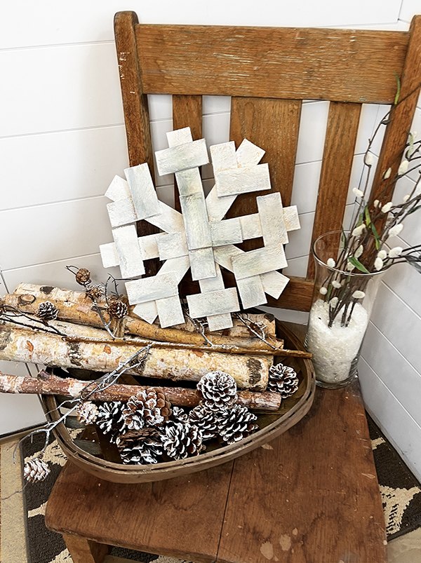 wood snowflake decoration made from wood shims