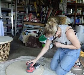 how to make a chic boho style end table with baskets from ikea, Sanding the pine round