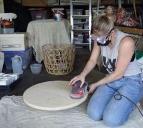 how to make a chic boho style end table with baskets from ikea, Sanding the pine round again