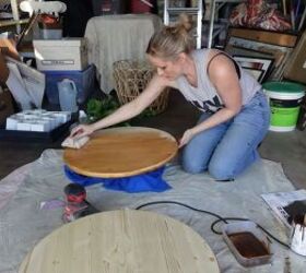how to make a chic boho style end table with baskets from ikea, Staining the tabletop