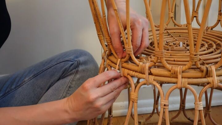 how to make a chic boho style end table with baskets from ikea, Placing the wood strip over it