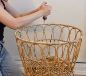 how to make a chic boho style end table with baskets from ikea, Applying glue to the upper basket