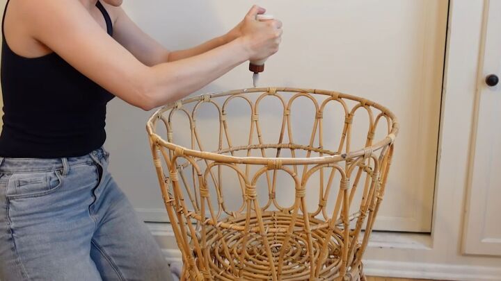 how to make a chic boho style end table with baskets from ikea, Applying glue to the upper basket