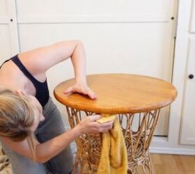 how to make a chic boho style end table with baskets from ikea, Wiping away leftover glue