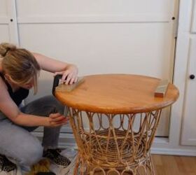 how to make a chic boho style end table with baskets from ikea, Clamping the tabletop while the glue dries