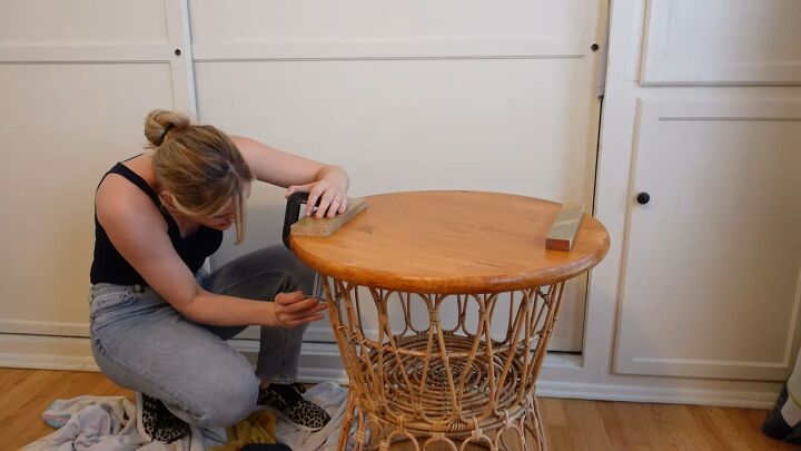 how to make a chic boho style end table with baskets from ikea, Clamping the tabletop while the glue dries