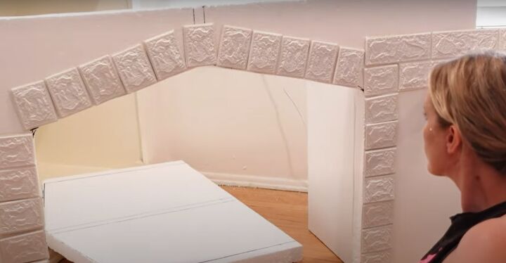 how to make an easy diy foam fireplace without using power tools, Placing the tiles around the border