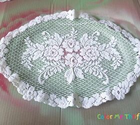 She lays a thrift store doily on an old metal tray for an incredibly cool hack