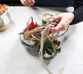 8 simple steps on how to make giant jingle bells, Attaching the three sleigh bells with burlap