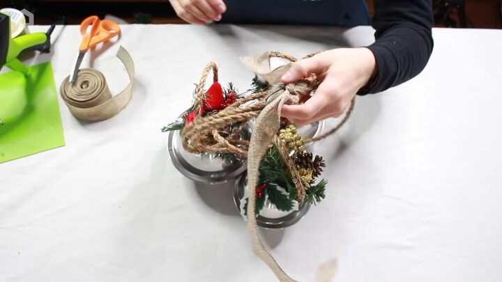 8 simple steps on how to make giant jingle bells, Attaching the three sleigh bells with burlap