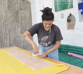 how to make an awesome pool noodle bed frame in 6 simple steps, Stapling the fabric to the wood