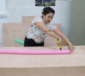 how to make a funky diy couch out of pool noodles, Cutting the pool noodles in half