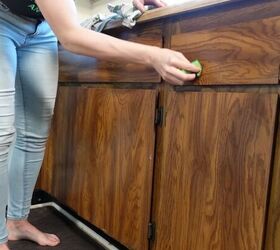 how to do a 70s old kitchen cabinets makeover on a budget, Wiping down the cabinets