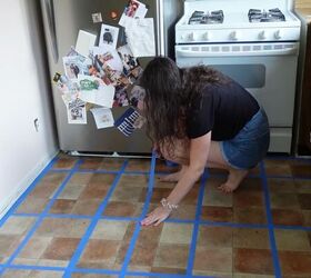 how to do a 70s old kitchen cabinets makeover on a budget, Applying painter s tape in a grid