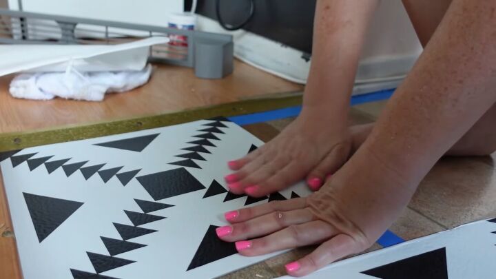how to do a 70s old kitchen cabinets makeover on a budget, How to apply peel and stick floor tiles
