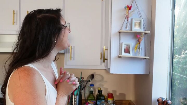 how to do a 70s old kitchen cabinets makeover on a budget, Rope shelf with memories