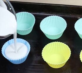 how to create stunning cupcake candle holders with plaster of paris, Filling silicone cupcake liners with the plaster of paris mixture