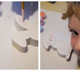 ensee a su hijo a pintar un conejo de pascua de madera