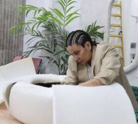 diy boa pouf dupe how to make a cute donut chair, Adding layers of foam to the tire