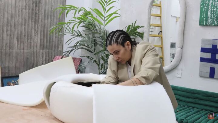 diy boa pouf dupe how to make a cute donut chair, Adding layers of foam to the tire