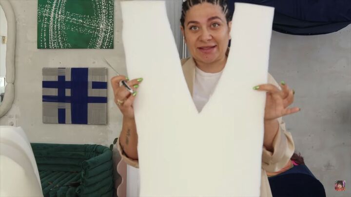 diy boa pouf dupe how to make a cute donut chair, Cutting a triangle shape in the foam