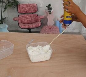 how to make a diy modern coffee table inspired by studio mignone, Filling the food containers with foam sealant