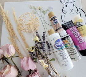 cmo hacer una pintura fcil y linda del conejito de pascua, Lienzo tubos de pintura plantilla de conejo de Pascua flores secas