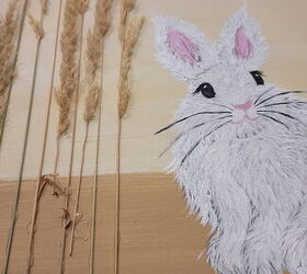 cmo hacer una pintura fcil y linda del conejito de pascua, Trozos de hierba seca sobre lienzo junto a la pintura de un simp tico conejito de Pascua