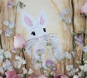 cmo hacer una pintura fcil y linda del conejito de pascua, Bonito cuadro de un conejito de Pascua con rosas secas de verdad y guisantes de olor prensados