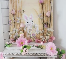 cmo hacer una pintura fcil y linda del conejito de pascua, Cuadro conejo de Pascua con guirnalda de margaritas rosas y huevos de Pascua