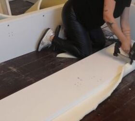how to make a diy pool noodle headboard in a few easy steps, Stapling the foam to the bed pieces