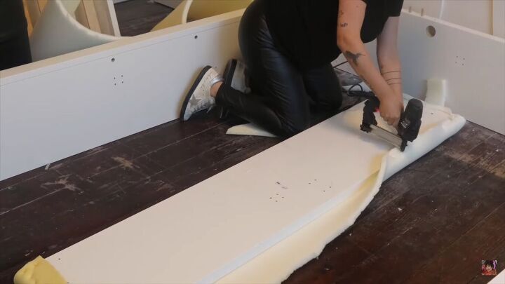 how to make a diy pool noodle headboard in a few easy steps, Stapling the foam to the bed pieces