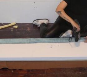 how to make a diy pool noodle headboard in a few easy steps, Covering the foam with fabric