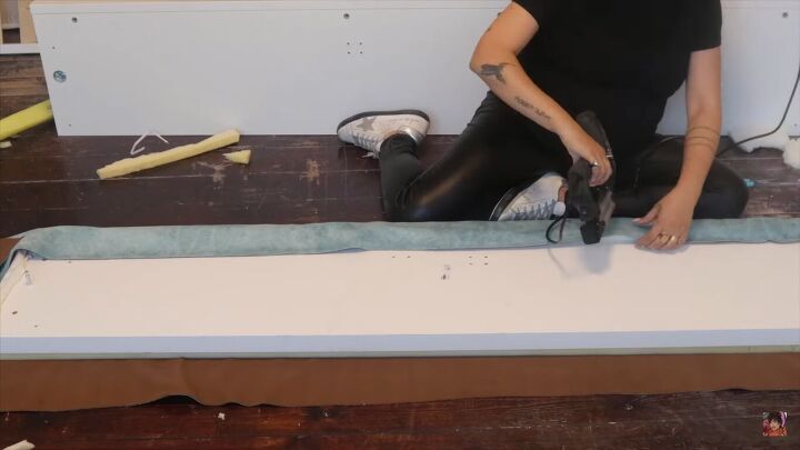 how to make a diy pool noodle headboard in a few easy steps, Covering the foam with fabric