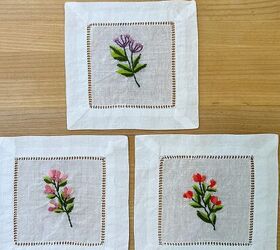 servilletas de cctel de primavera con bordado de flores diy, Tres servilletas de algod n lino bordadas con flores