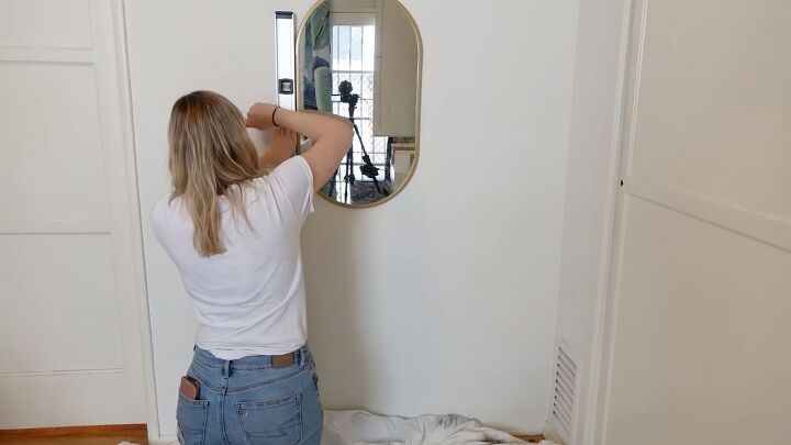 how to transform a diy makeup vanity into a colorful art deco piece, Drawing the arch around the mirror