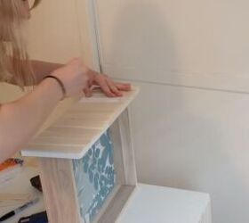 how to transform a diy makeup vanity into a colorful art deco piece, Gluing the craft sticks to the vanity drawer fronts