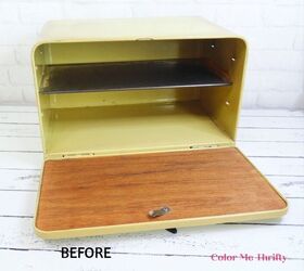caja de pan vintage fcil de cambiar, Caja de pan de metal amarillo vintage vista interior ANTES del cambio de imagen