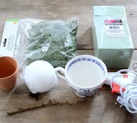 cmo hacer una mini taza de t topiary, Todos los materiales para hacer un topiario en forma de mini taza de t