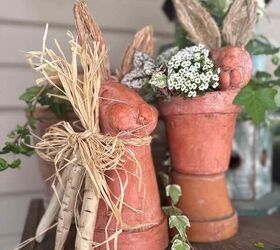 adorable conejo de pascua hecho a mano con arcilla seca al aire, DIY Conejo de Pascua macetas de terracota una maceta con una cabeza de conejo en la parte superior Zanahorias de arcilla atadas alrededor del cuello