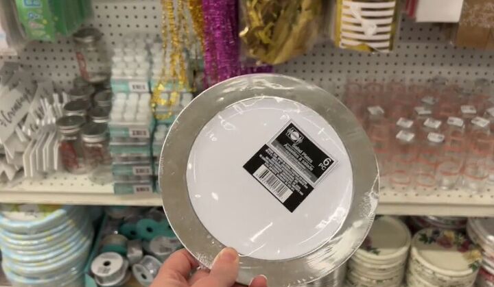 how to turn dollar tree items into a cute vintage craft scale, Silver and white plastic wedding plates
