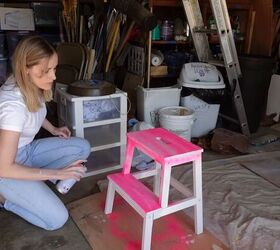 vintage desk makeover, Spray painting the stool pink