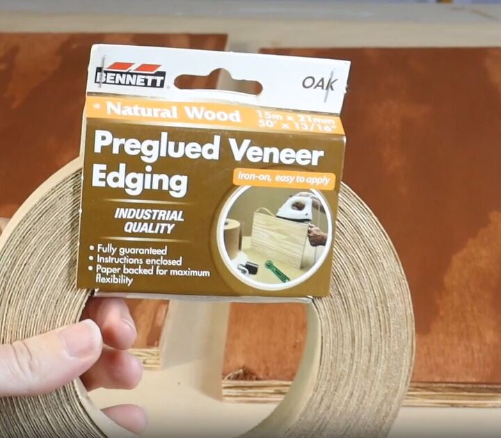 Make your DIY crate shelf look like a professional piece with the help of pre-glued veneer edging