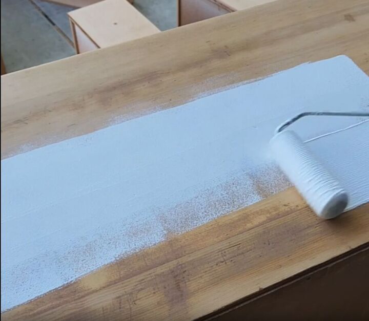 dresser makeover, Applying primer with a foam roller