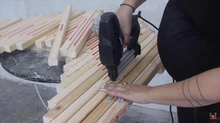 diy flow wall desk dupe, Attaching the strings to the wood pieces