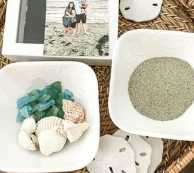 caja de recuerdos de la playa, DIY caja de recuerdos de playa caja de sombra con conchas marinas arena y foto para un recuerdo de vacaciones en la playa