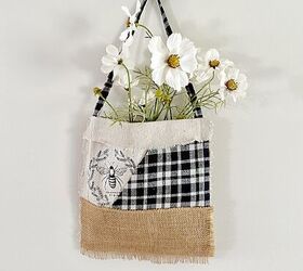 bolsillo de flores de patchwork con un transfer, bolsa de flores patchwork en pared con flores